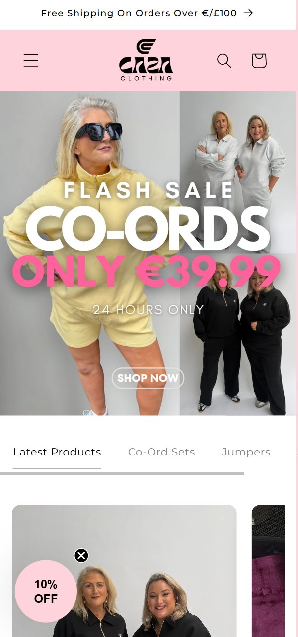 Caza Clothing homepage on mobile